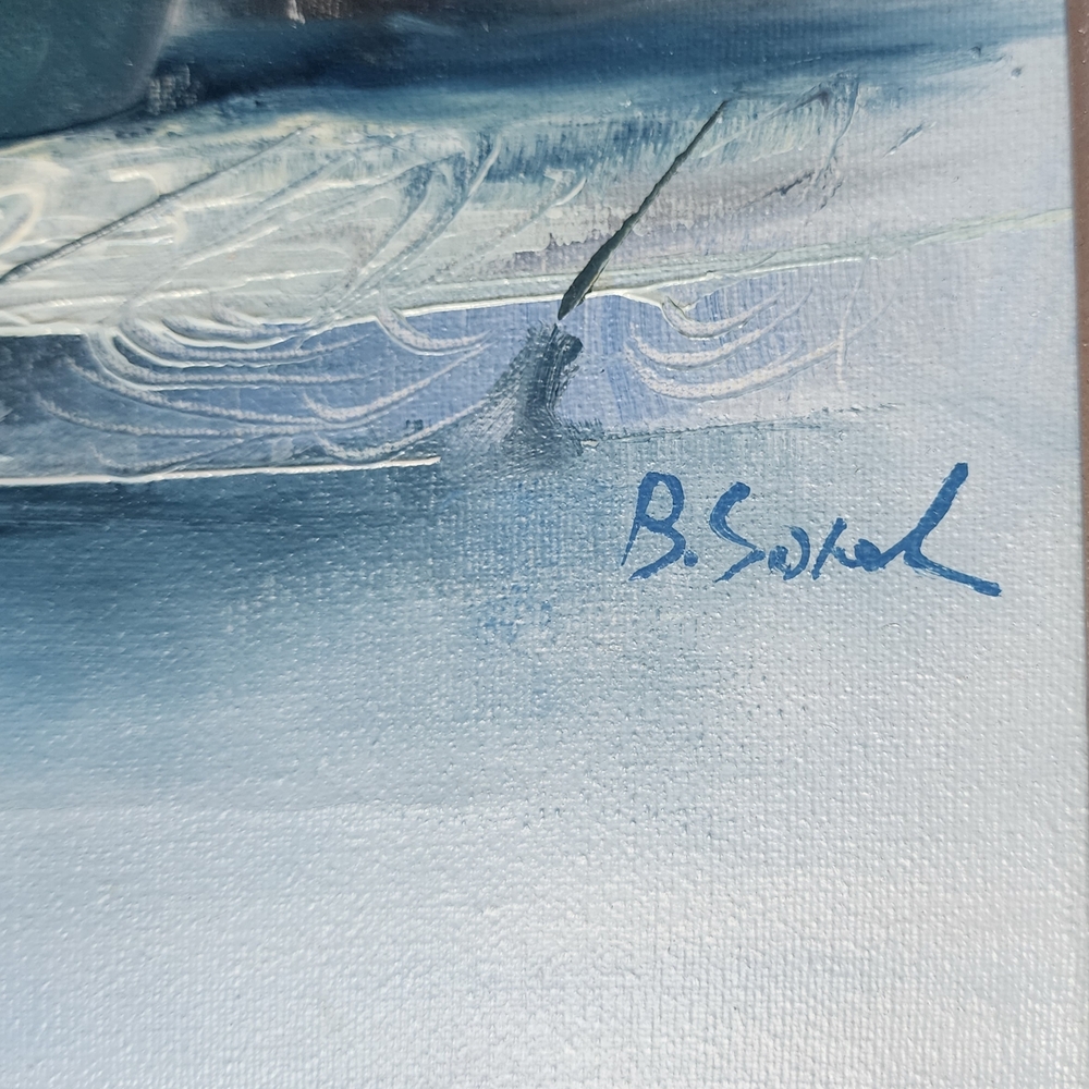 Vintage B. Sokal Blue Floral Oil Painting Textured Palette Knife Framed Wall Art - Picture 5 of 8